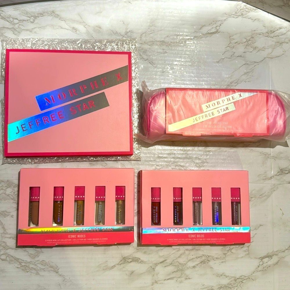 Jeffree Star morphe x eyeshadow palette, lips glosses and makeup brushes